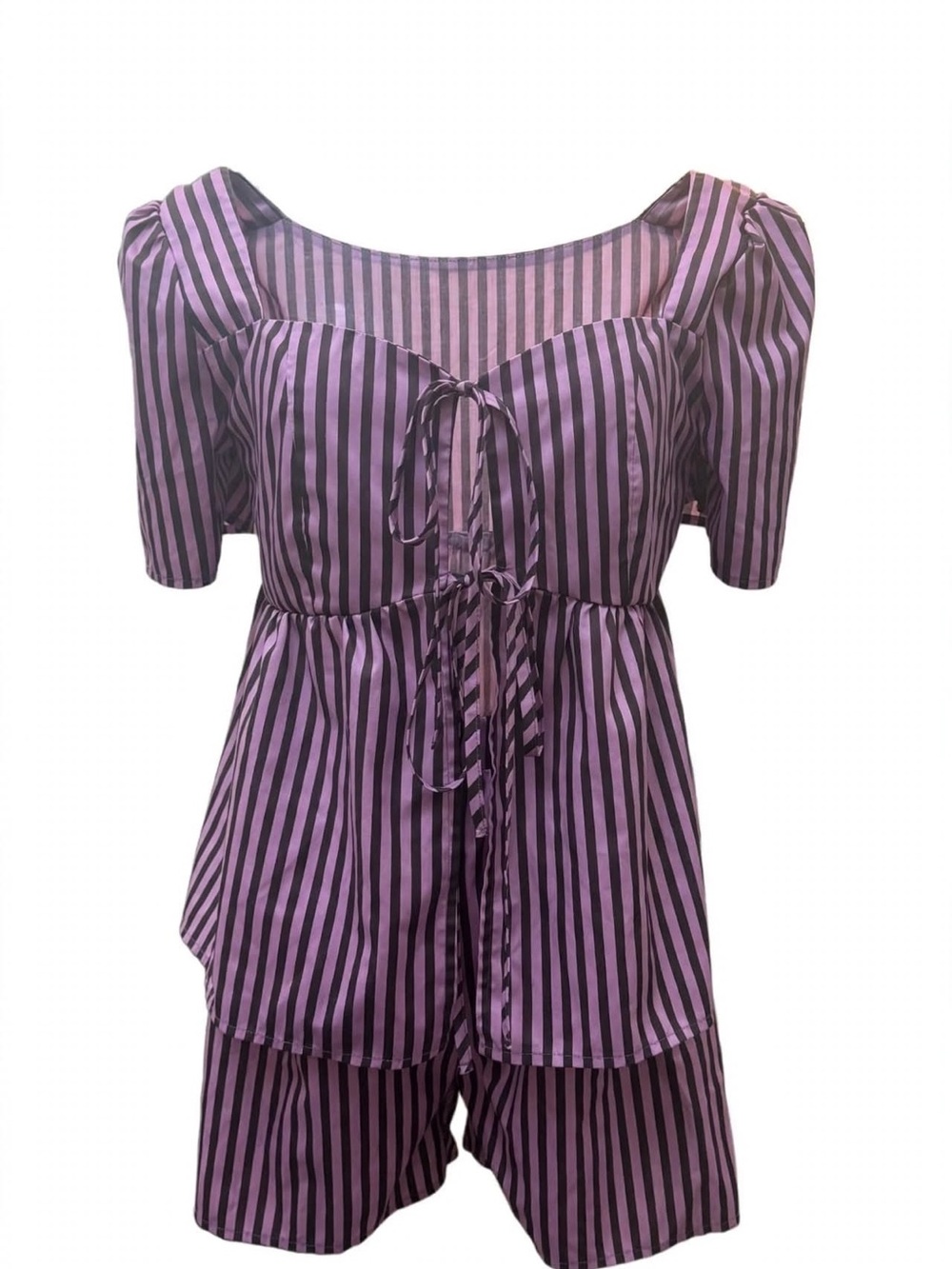SHEIN Purple and Black Striped Satin Set with Tie Front